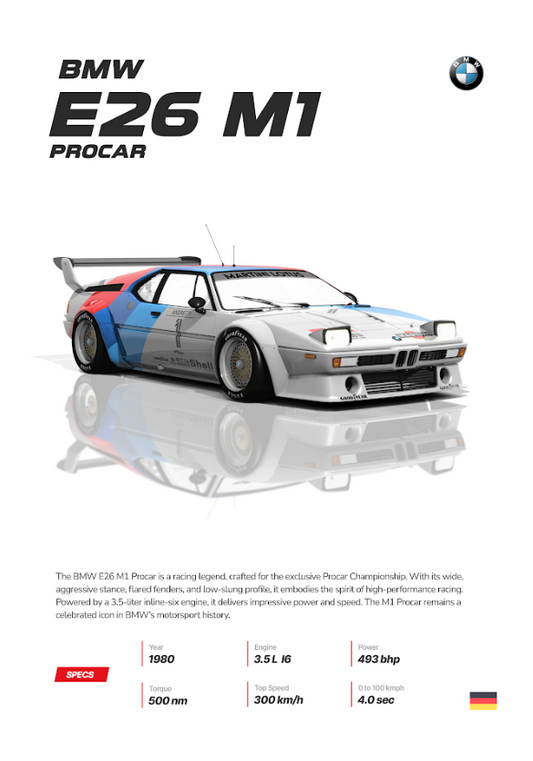 BMW E26 M1 24x36 Poster - Classic Supercar, Motorsport Legend, Iconic Design - PosterFire.com