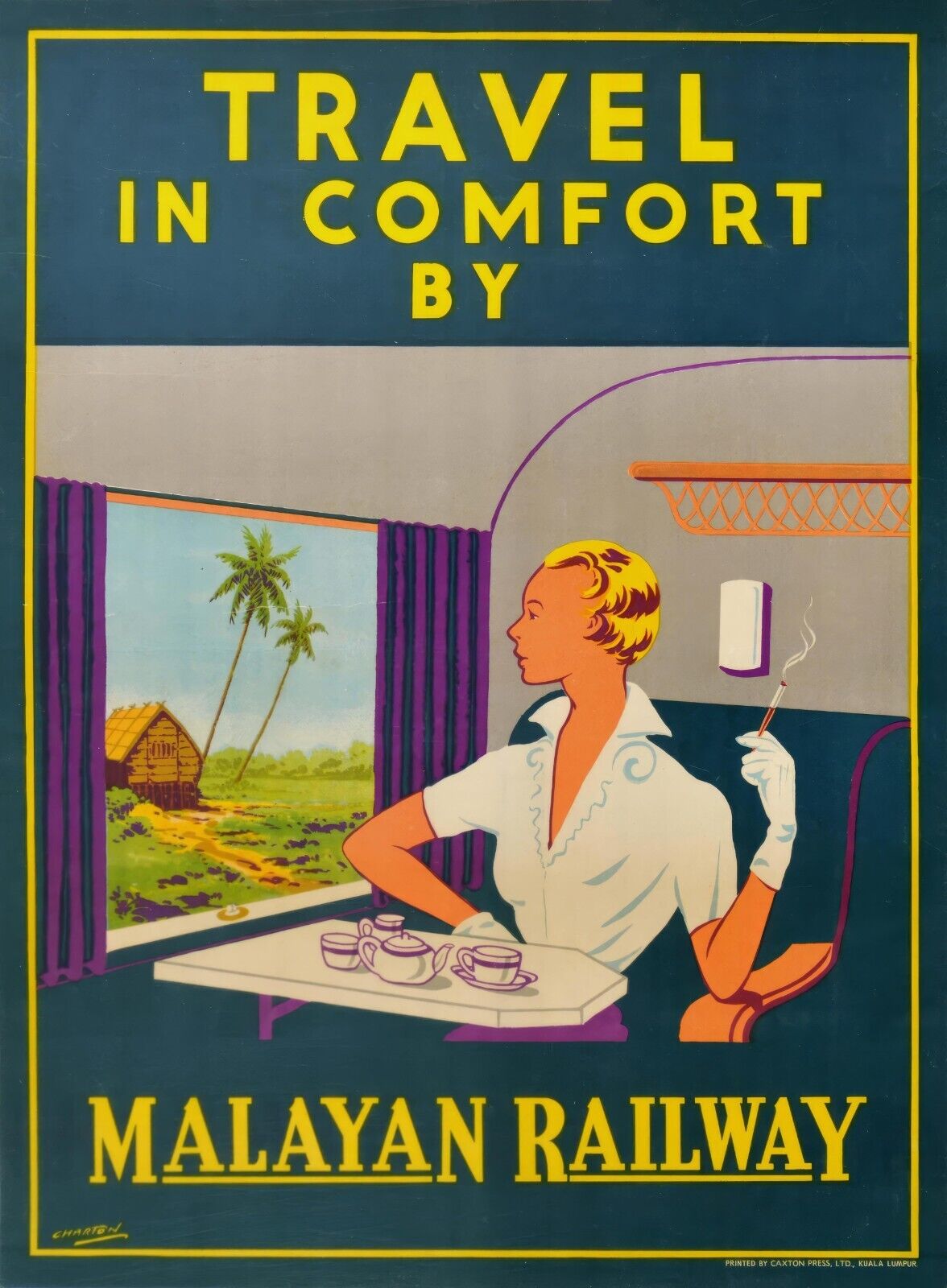 1938 Malayan Railways Poster | J.R. Charton Art | Classic Southeast Asia Travel