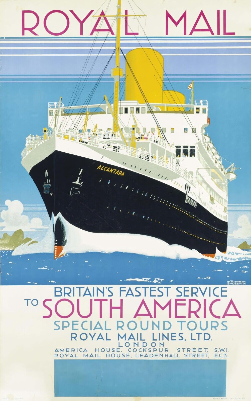 1930 Royal Mail South America Poster | Alcantara | Kenneth Denton Shoesmith Art - PosterFire.com