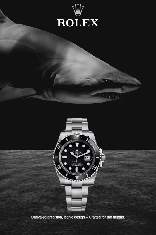 Black Rolex Submariner, Shark GMT Master II & Sea Dweller Watch Ad Poster - PosterFire.com