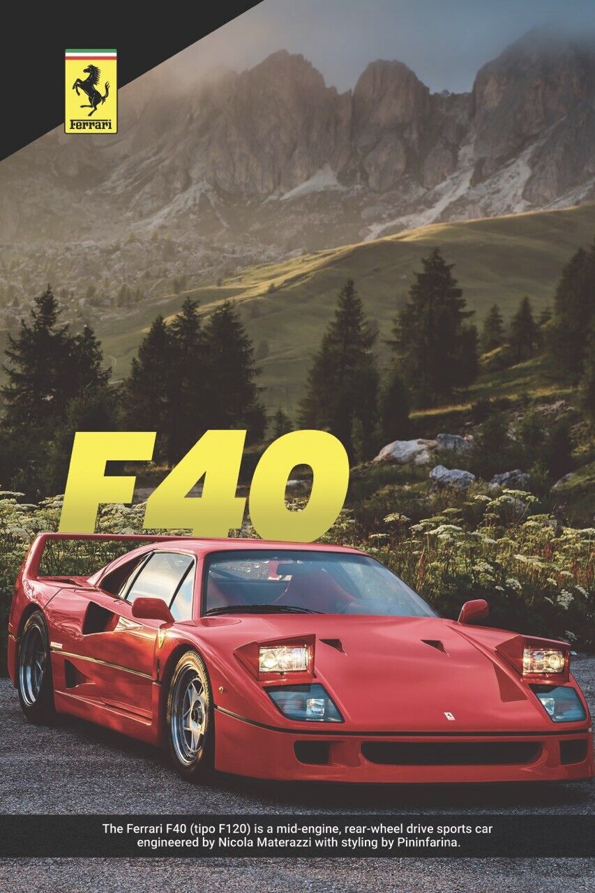 Ferrari f40 vintage race car poster 24x36 8k 599 f8 sf90 tributo 488 458 italy