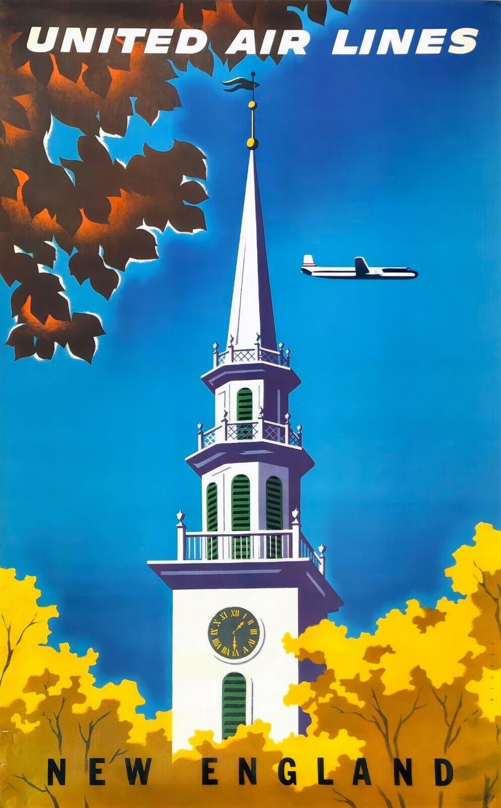 1957 United Air Lines New England Poster | Classic Travel Design