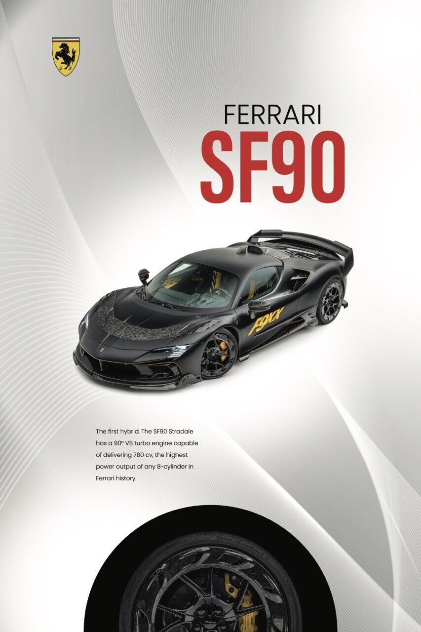 Ferrari SF90 vintage car poster 24x36 8k 599 f8 sf90 Italia 488 458 if40 f50 gia