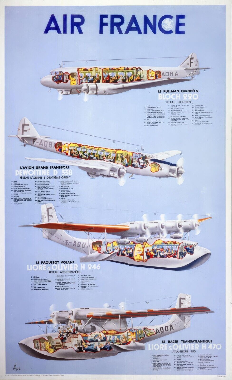 1938 Air France Cutaway Poster | Bloch 220 & Dewoitine Interiors | Classic - PosterFire.com