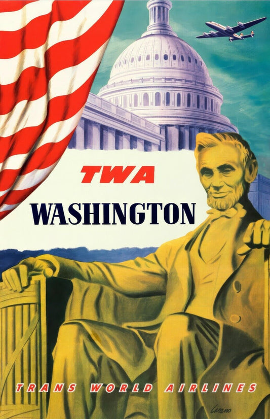 1952 TWA Airlines Washington DC Poster | Abe Lincoln | Classic Travel Design