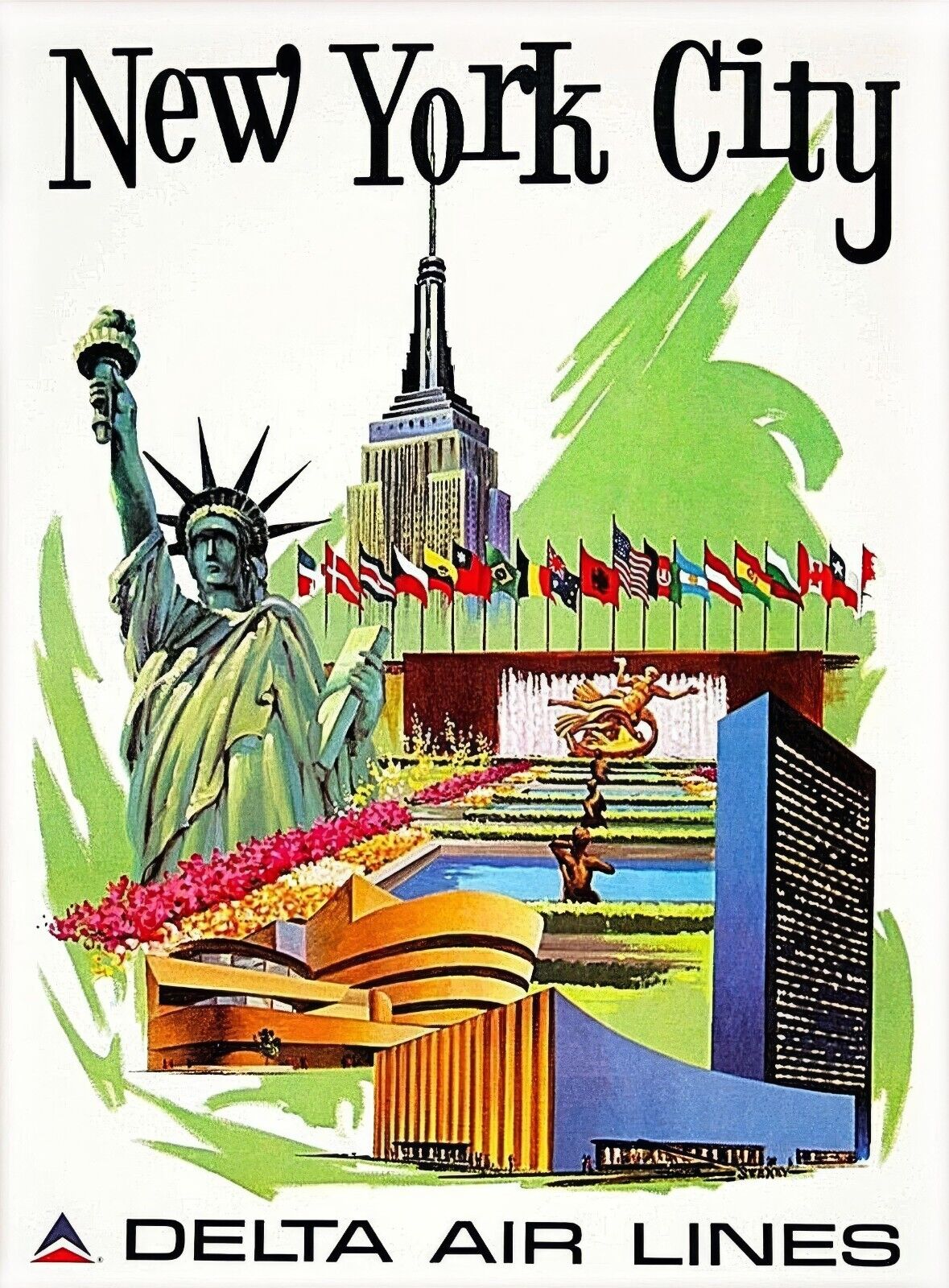 1974 Delta Air Lines New York Vintage Travel Poster, Iconic Big Apple Skyline - PosterFire.com