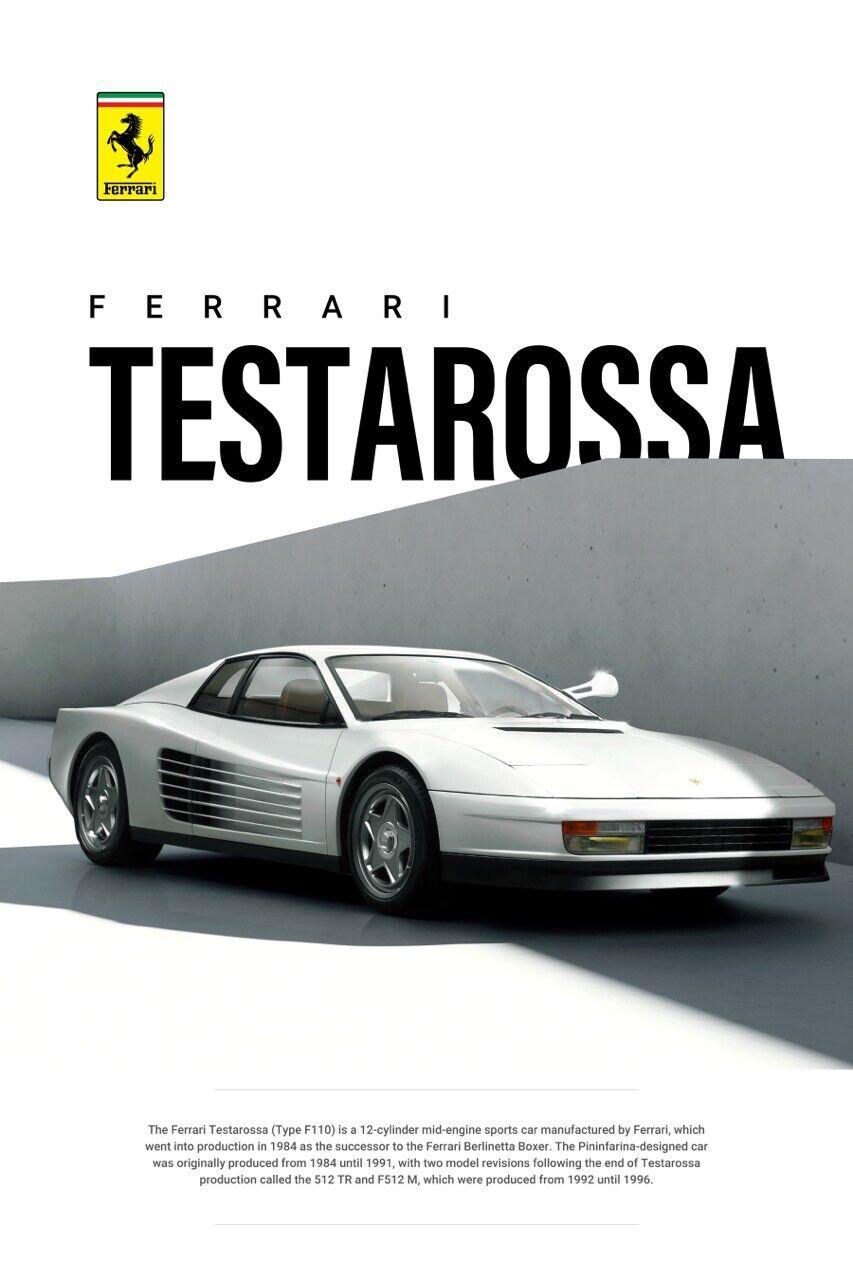 Ferrari Testarossa car poster 24x36 8k 599 f8 roadster 488 f50 italy 360 f12 ff