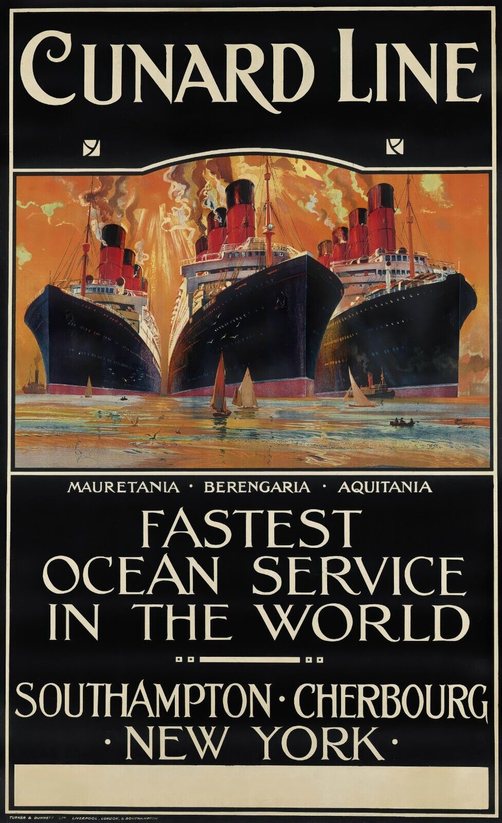 1914 Cunard Line Poster | Mauretania, Berengaria, Aquitania | Odin Rosenvinge - PosterFire.com