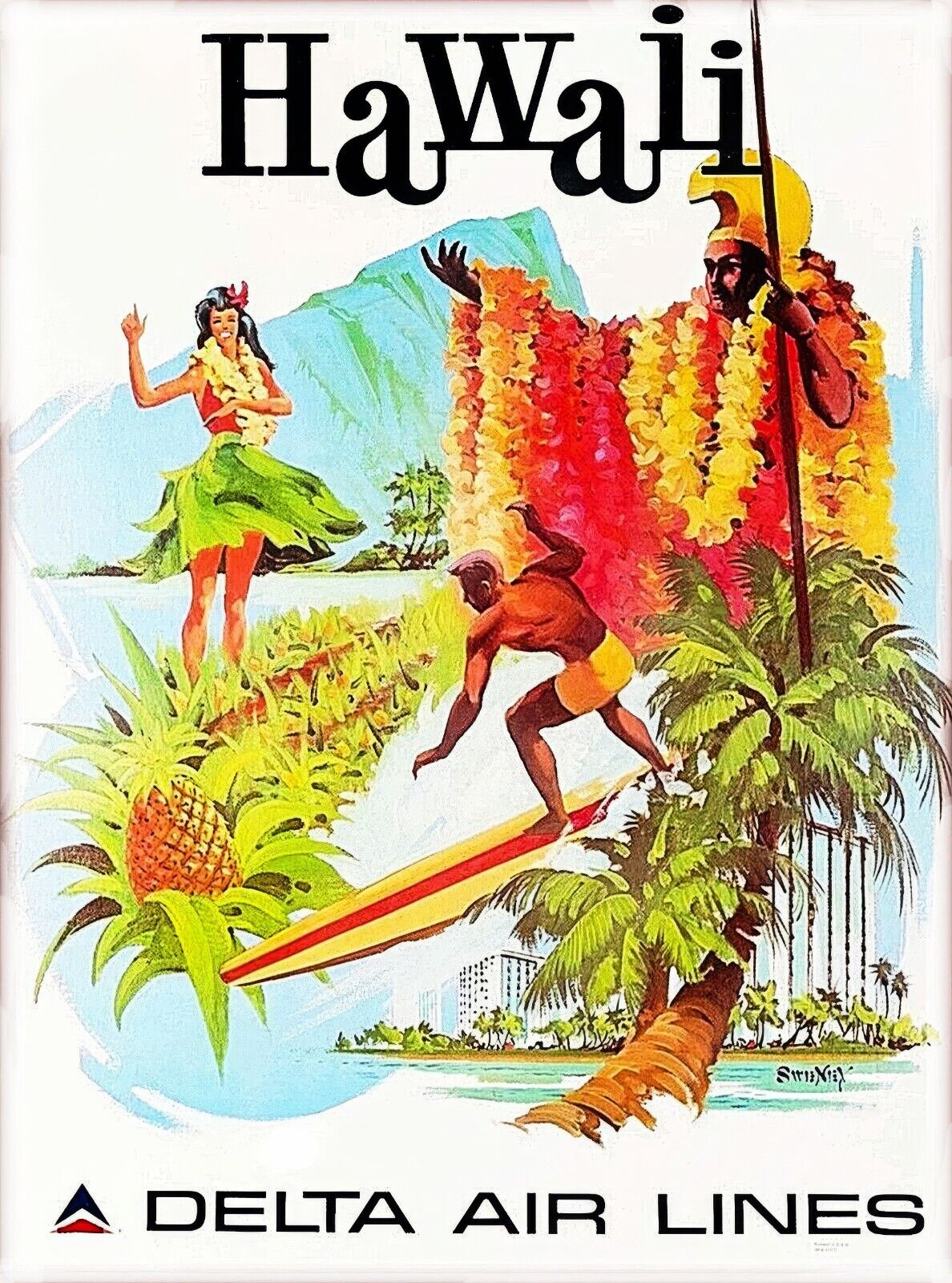 1974 Delta Air Lines Hawaii Vintage Travel Poster, Tropical Island Paradise - PosterFire.com