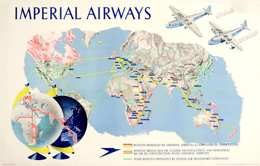 1938 Imperial Airways Route Map Poster | Classic Air Travel Design